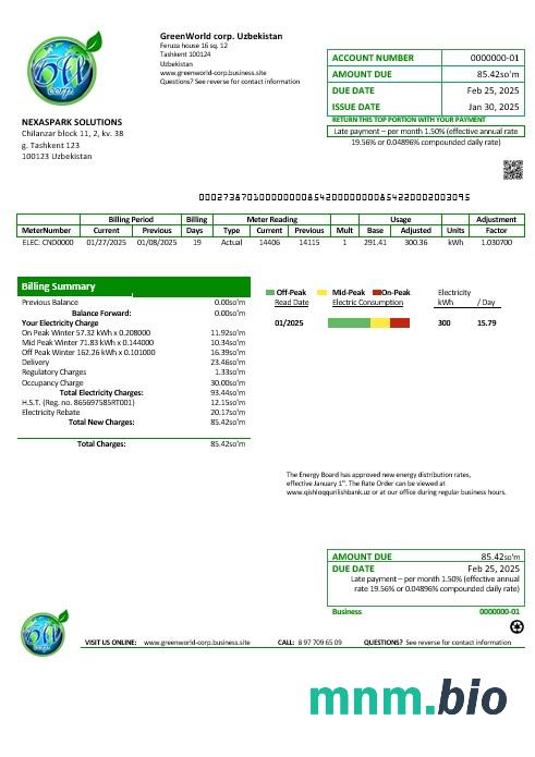 Uzbekistan GreenWorld rachunek za usługi komunalne szablon w formacie Word i PDF, w pełni edytowalne